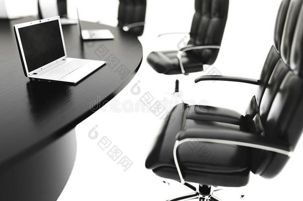 会议室、会议室和带有笔记本的会议桌。 商业概念。 隔离3D渲染。