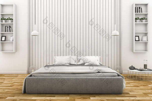 三维渲染现代白色木墙卧室与灯和架子