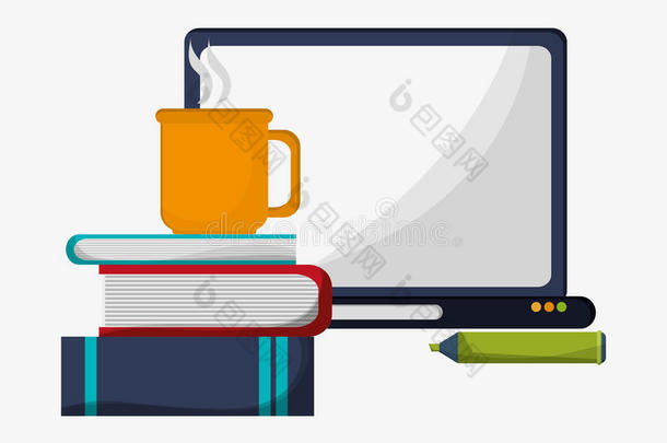 电脑书籍、铅笔和杯子咖啡
