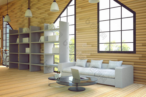 三维渲染：木屋内部的插图。房子的客厅部分。木制房间风格的白色<strong>家具</strong>。<strong>现代风</strong>格。