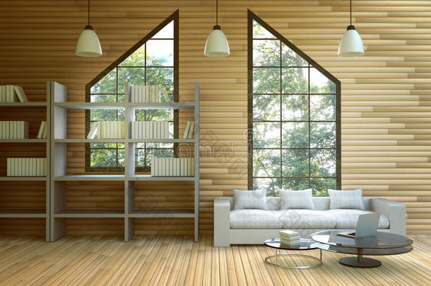 三维渲染：木屋内部的插图。房子的客厅部分。木制房间风格的白色家具。现代风格