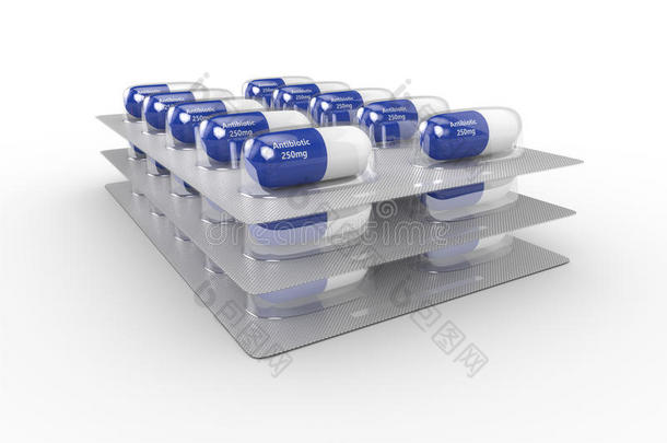 抗生素丸在水泡包装上的三维渲染