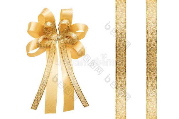 金色的丝带和蝴蝶结，孤立在白色的背景上