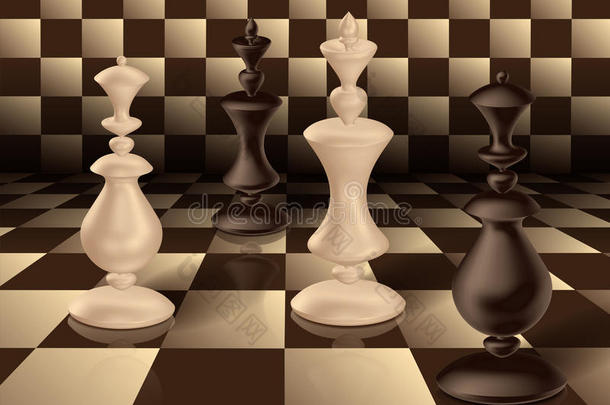 国际象棋国王和王后3D渲染装饰国际象棋人物白色和黑色国王和王后棋盘