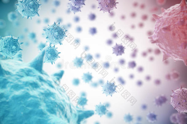 三维渲染病毒、细菌、细胞感染生物、病毒抽象背景。