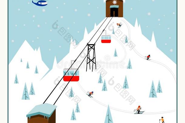酷帕塞尔卡通滑雪海报。 有电梯、斜坡、滑雪者的山地度假村。