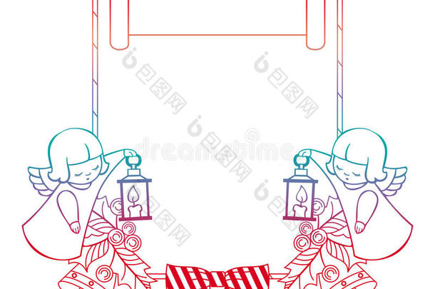 渐变圣诞框架与可爱的天使。 复制空间。