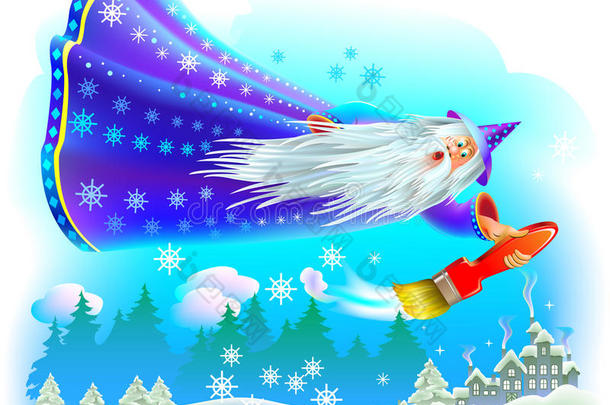 <strong>奇幻</strong>插图巫师在仙境的天空中飞翔，用雪给冬天的<strong>森林</strong>着色。