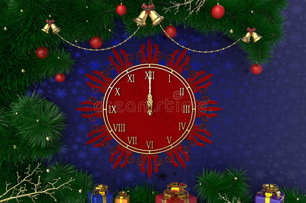 三维渲染新年，圣诞背景与时钟，金属丝，球和礼物