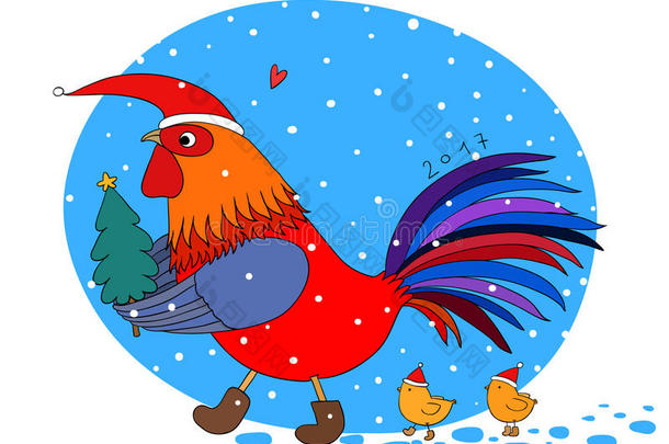 卡通公鸡可爱，小鸡和圣诞树。
