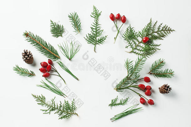 创意模型布局由圣诞树和红色冬青浆果树枝制成，白色上有复制空间。 自制的平面布局概念