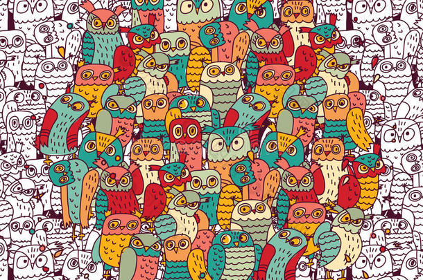 鸟群颜色猫头鹰和墨水装饰