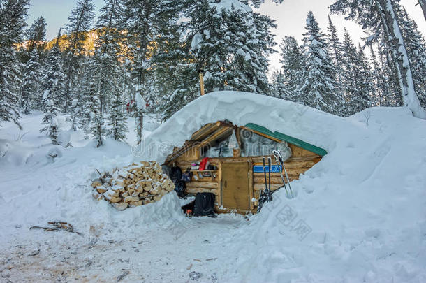 木屋小屋小屋在冬天的森林里下雪