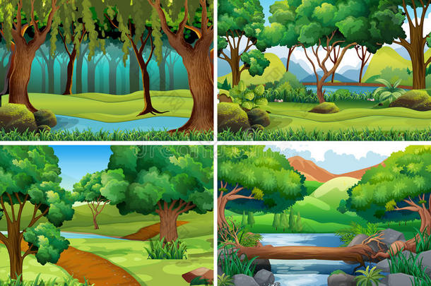 森林和河流的四个场景