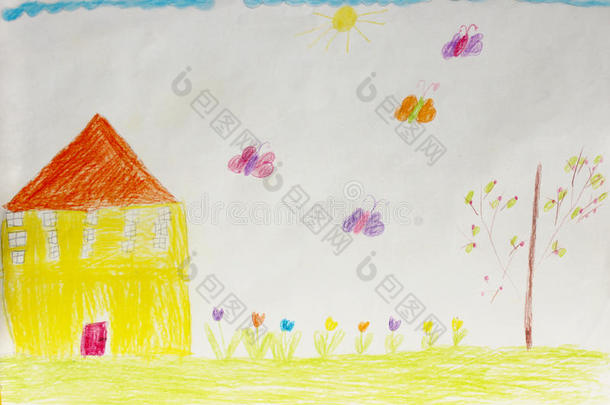 幼稚地画房子的花和蝴蝶