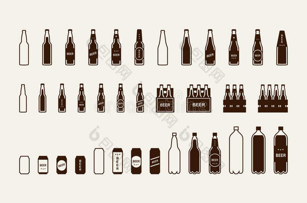 啤酒包装图标设置：瓶子，罐头，盒子