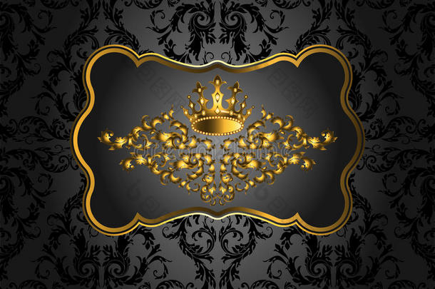 金色复古邀请卡与许多详细的元素在黑色背景。 巴洛克风格的皇家皇冠和漩涡