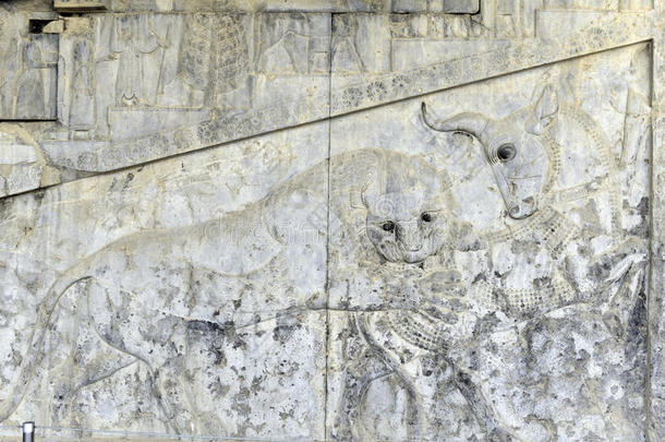 著名的巴斯浮雕雕刻狮子狩猎公牛在珀斯波利斯世界遗产遗址