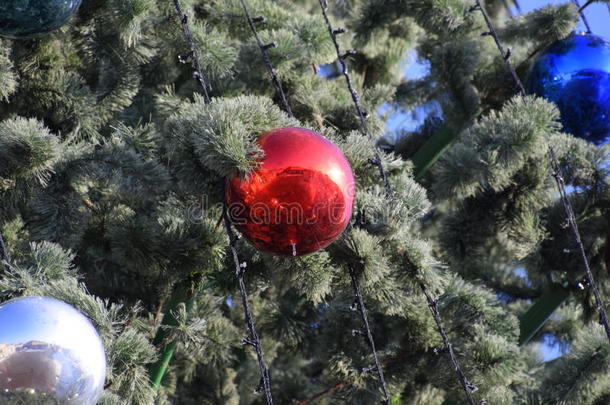 装饰新年树。 站在露天的圣诞树上的金属罐和玩具、球和其他装饰品