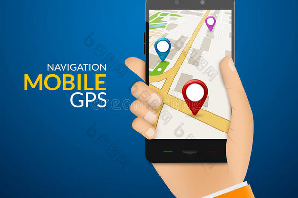 GPS电话导航-移动GPS和跟踪概念。 手拿着带有城市地图的手机