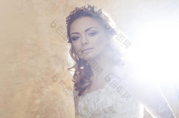 美丽的女孩新娘穿着豪华的婚纱，金色的肖像，眩光的效果
