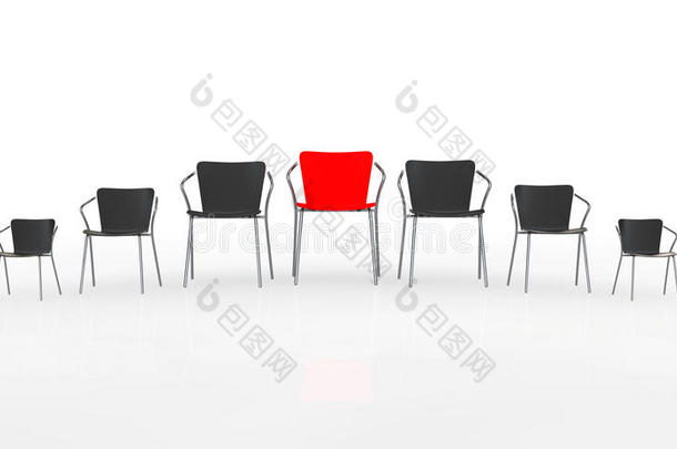 商务大型会议。 红色老板椅子在其他椅子之间。 渲染