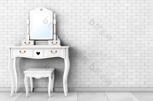 古董卧室梳妆台，有凳子和镜子。 三维渲染