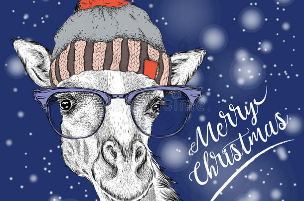 带长颈鹿的圣诞卡戴着冬帽。 <strong>圣诞快乐字体</strong>设计。 矢量插图