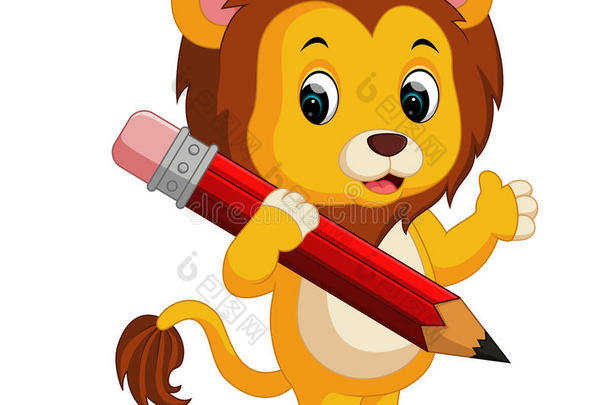 可爱的狮子卡通拿着铅笔