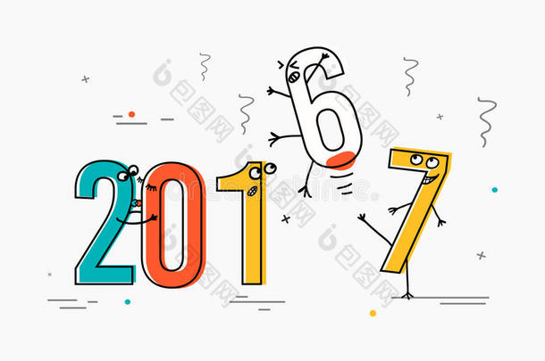 贺卡和横幅2017年平线设计理念。 有趣的卡通解释到即将离任的2016。矢量