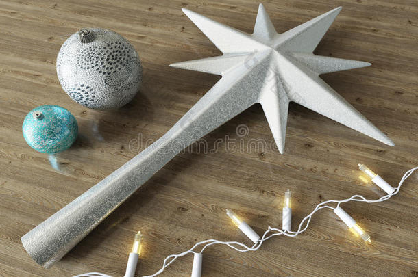 3D渲染的3D渲染一个霜星和球圣诞装饰与白光