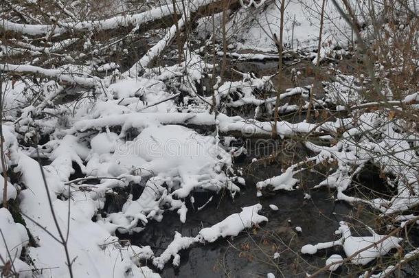 小溪在树林里<strong>风景</strong>自然冬天流水，<strong>小河</strong>在雪中