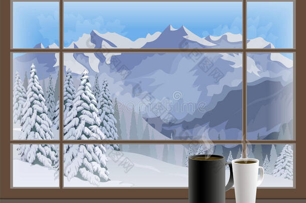窗台上的<strong>咖啡杯</strong>。 冬天的山景。 <strong>矢量</strong>