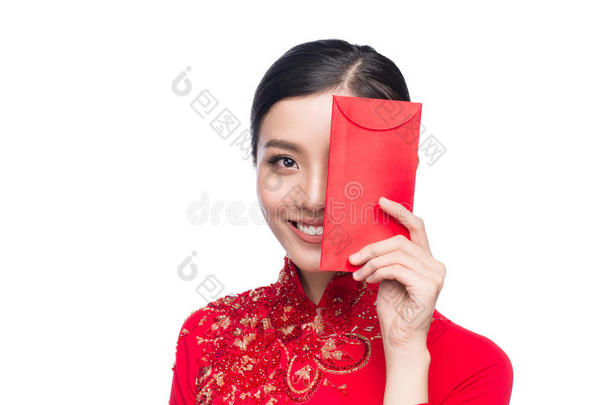 越式旗袍亚洲的背景美丽的美女