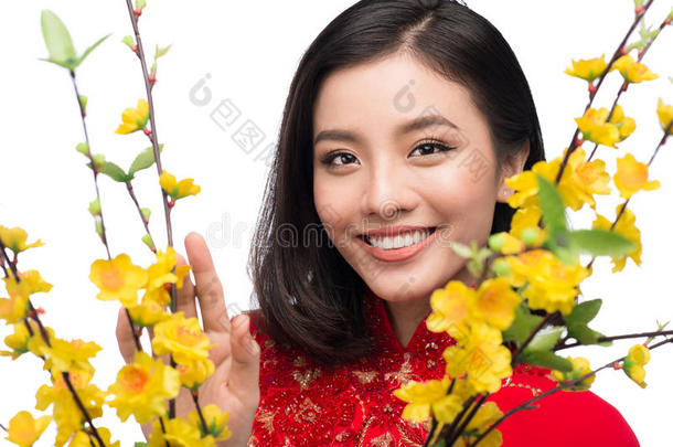 越式旗袍杏亚洲的美丽的美女