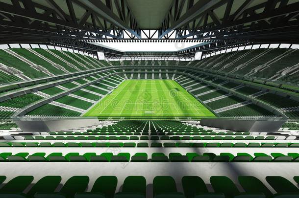 三维渲染一个大容量的足球体育场，有一个开放的屋顶和绿色的座位