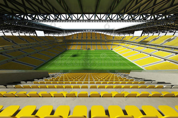 三维渲染一个大容量的足球体育场，有一个开放的屋顶和黄色的座位