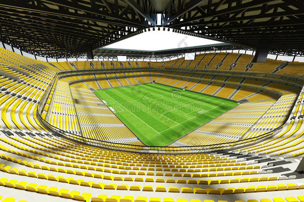 三维渲染一个大容量的足球体育场，有一个开放的屋顶和黄色的座位