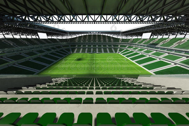 三维渲染一个大容量的足球体育场，有一个开放的屋顶和绿色的座位