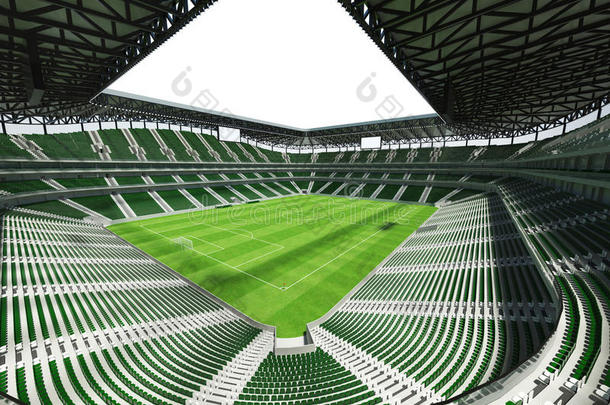 开放式屋顶和绿色座椅的大容量足球场的三维渲染