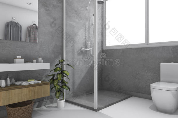 三维渲染阁楼混凝土墙卫生间和浴室