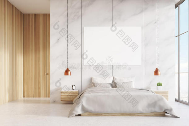卧室正面视图：双人床，海报