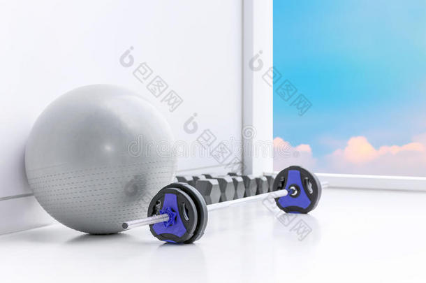 健身俱乐部地板上的健身房设备