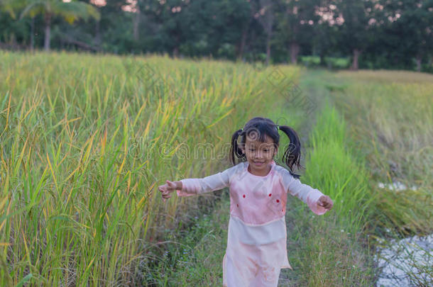 可爱的小女孩在日落时在草地上快乐的女孩笑