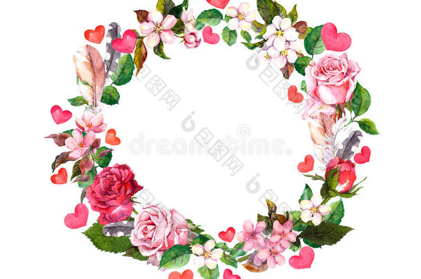 花圈-玫瑰花，羽毛，心。 情人节，婚礼的水彩圆边