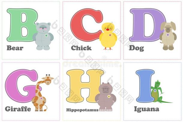 字母动物园，有趣的毛绒动物。 来自英语字母表的字母