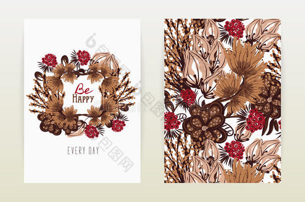 封面设计与花卉图案。 手绘创意花。 五颜六色的艺术背景和花朵
