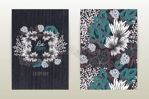 <strong>封面</strong>设计与花卉图案。 <strong>手绘</strong>创意花。 五颜六色的艺术背景和花朵