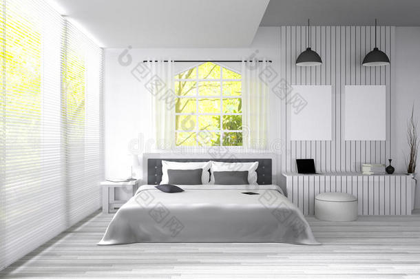 三维渲染：软光色大宽敞卧室的插图。优雅经典床房中的大舒适<strong>双人床</strong>