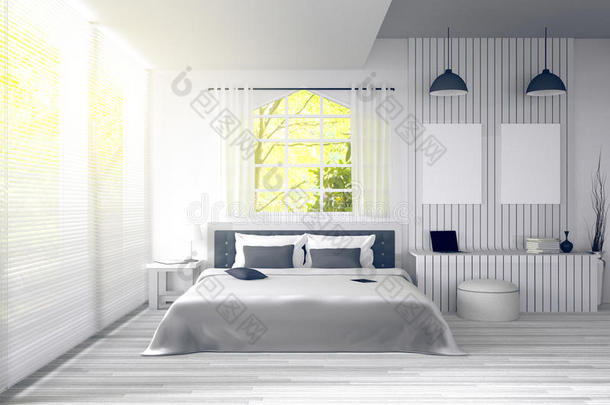 三维渲染：软光色大宽敞卧室的插图。优雅经典床房中的大舒适双人床